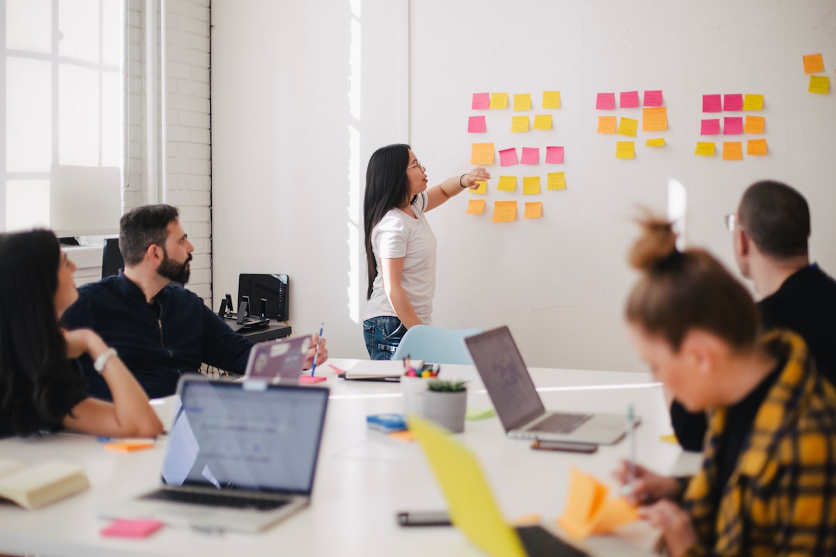 A team planning around a wall of sticky notes